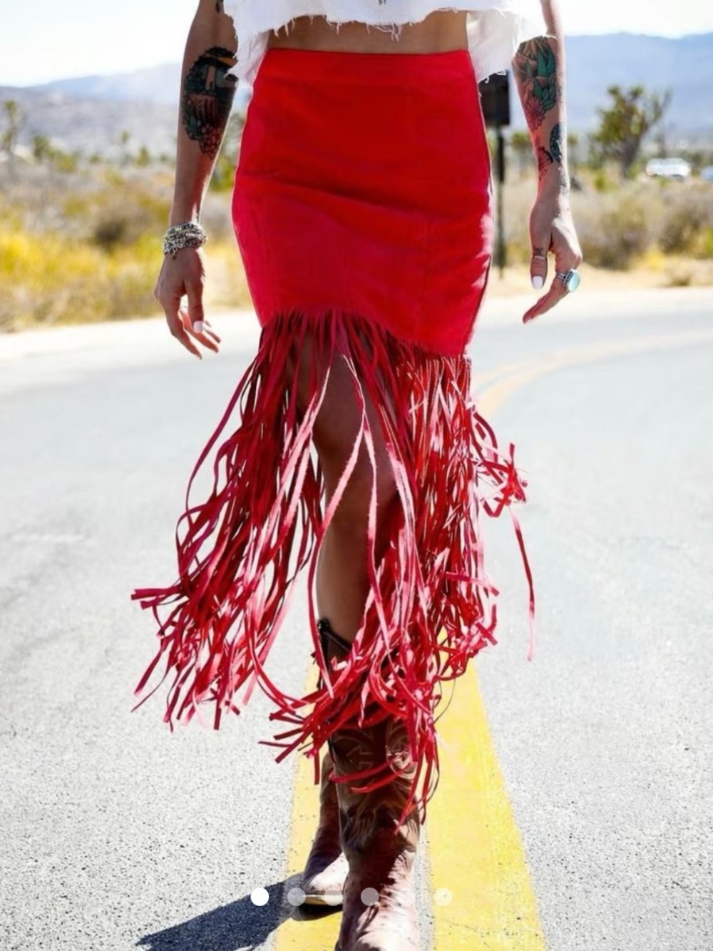 H&M Red Fringe Midi Skirt with Raw Hem